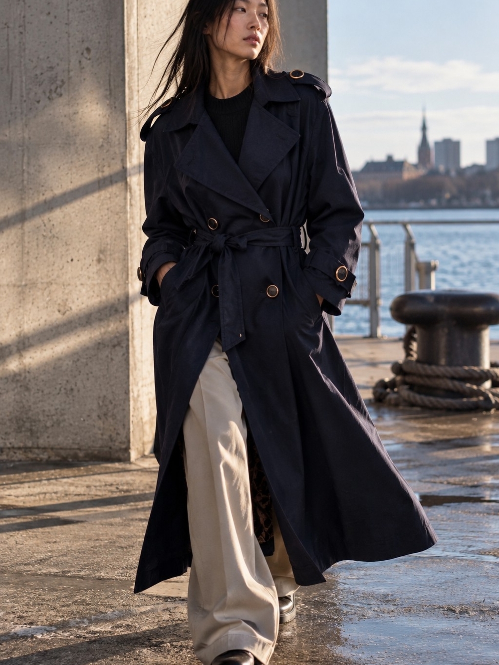 Vintage Apropos Navy Maxi Trench Coat Gold Hardware Size 11